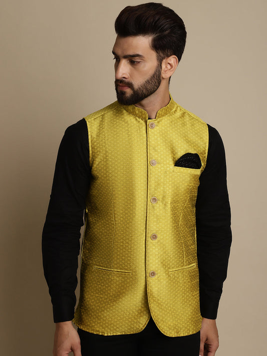 Even Apparels Men's Yellow Mandarin Collar Waistcoat - Grab2buy