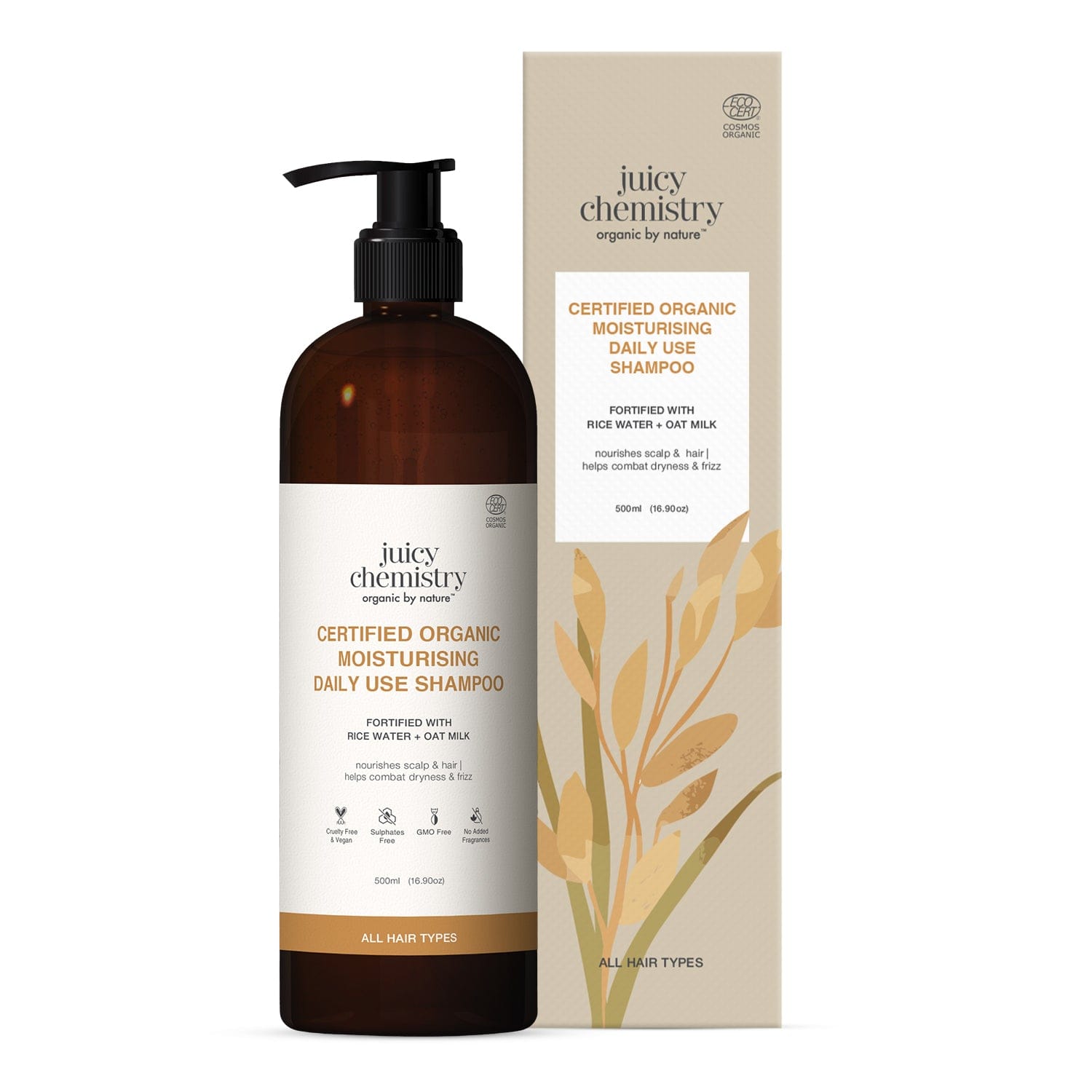 Certified Organic Moisturising Daily Use Shampoo Fortified with Rice Water + Oat Milk 