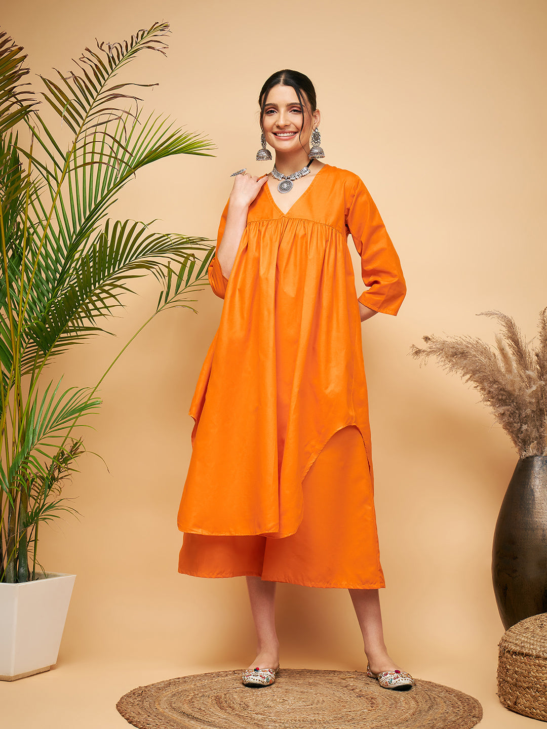InWeave Women's Orange Flared Kurta Palazzo Set 