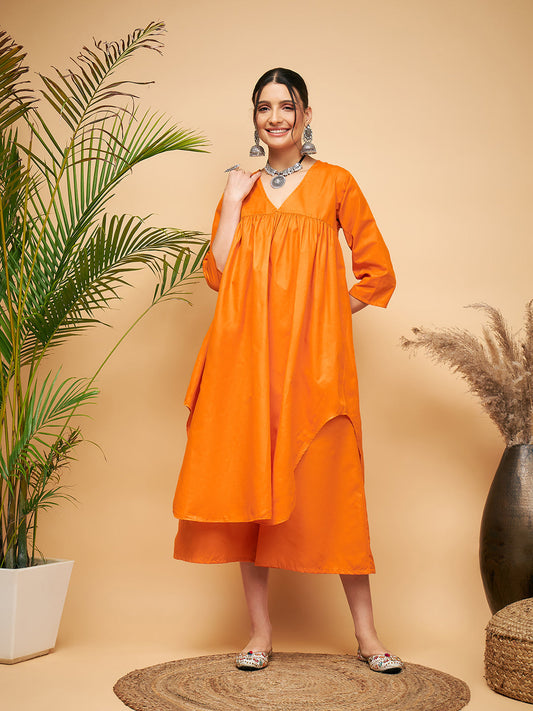 InWeave Women's Orange Flared Kurta Palazzo Set 