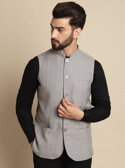 Even Apparels Men's Grey Mandarin Collar Waistcoat - Grab2buy