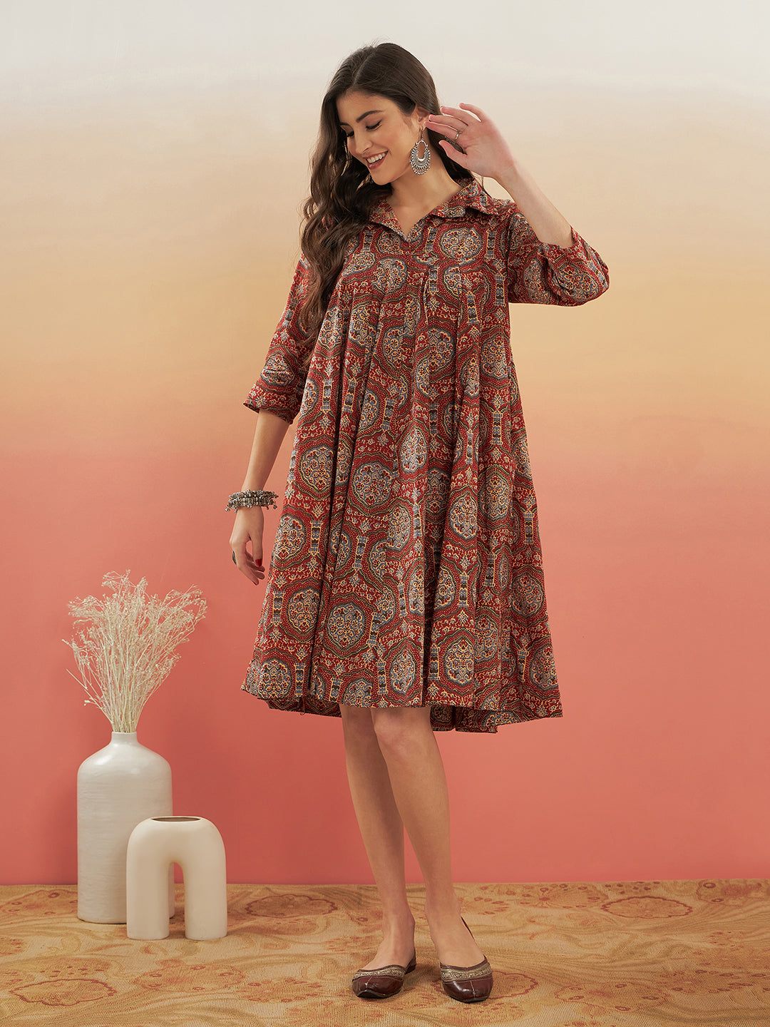 InWeave Women's Maroon Mughal Kalamkari Flared Dress 