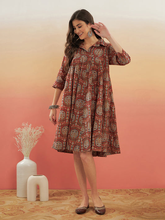 InWeave Women's Maroon Mughal Kalamkari Flared Dress 