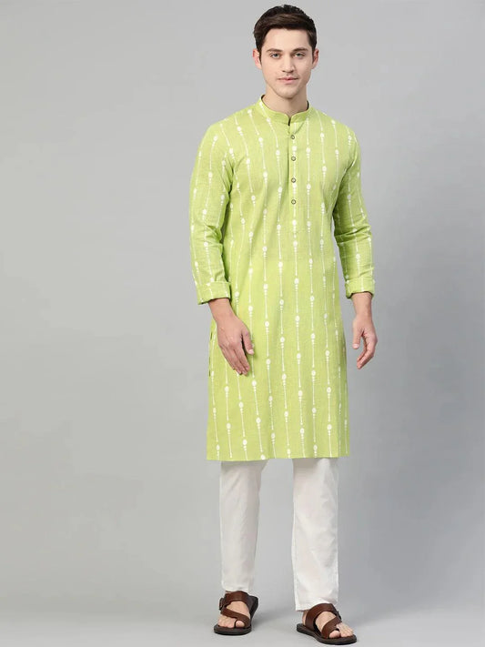 Fabmade Lime Green And White Printed Straight Kurta Pyjama