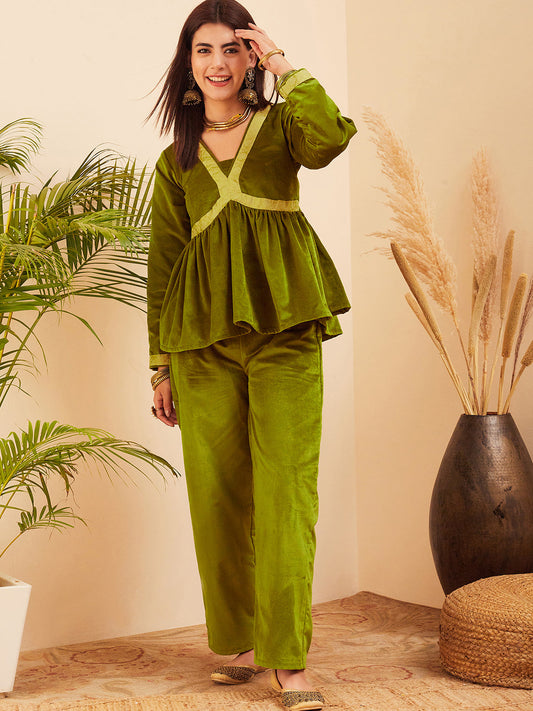 InWeave Women's Olive Mughal Shaan Style Velvet Short Kurta Set 