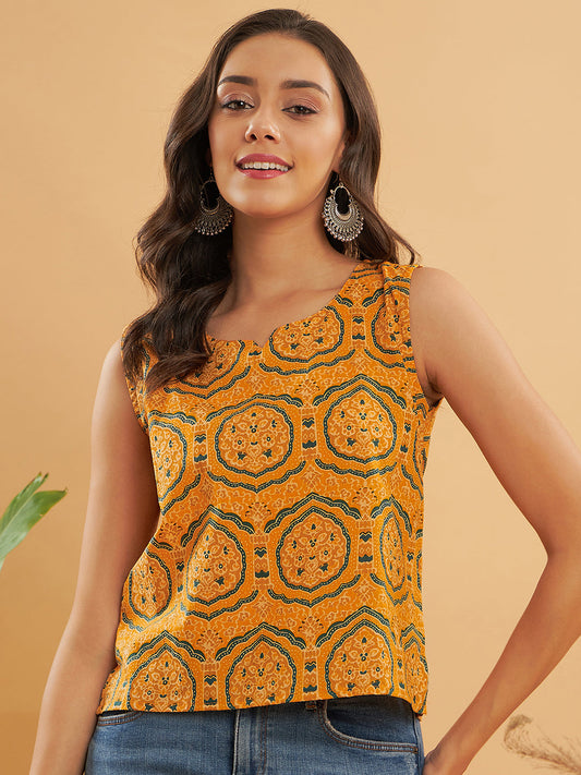 InWeave Haldi Yellow Mughal Kalamkari W/U Top 