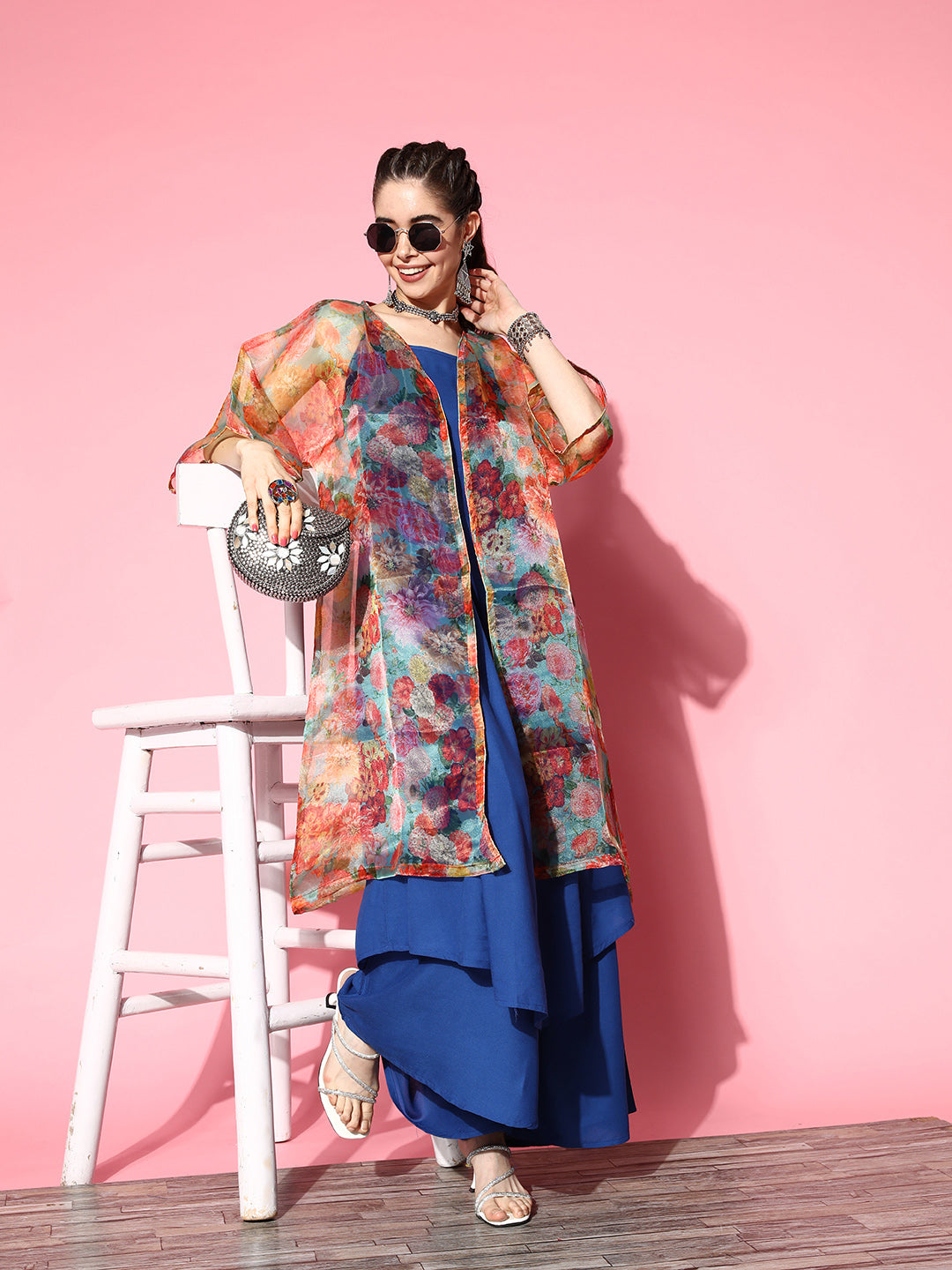 InWeave Ink Blue Strappy Set With Green Floral Long Organza Cape 