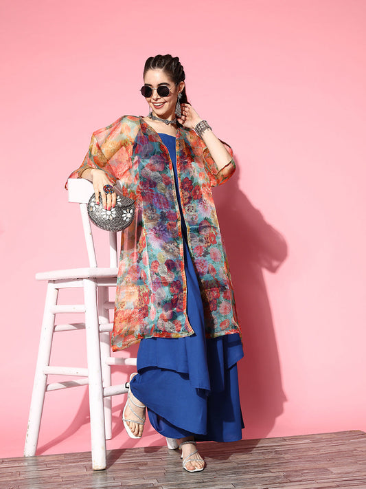 InWeave Ink Blue Strappy Set With Green Floral Long Organza Cape 