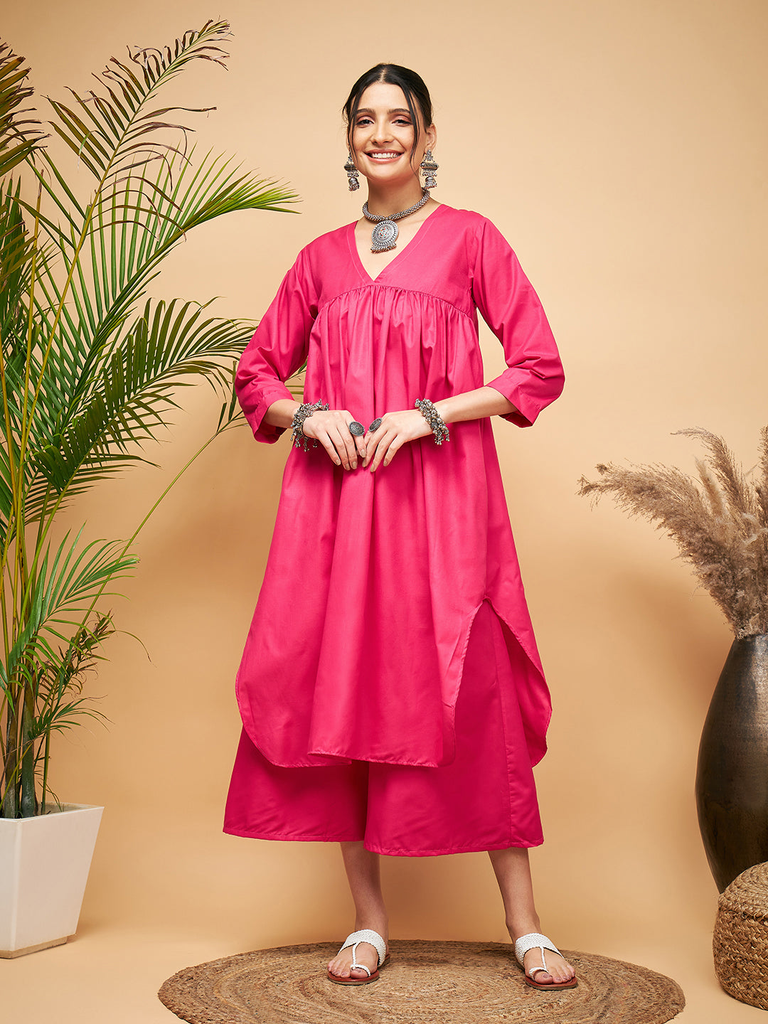 InWeave Women's Fuchsia Flared Kurta Palazzo Set 