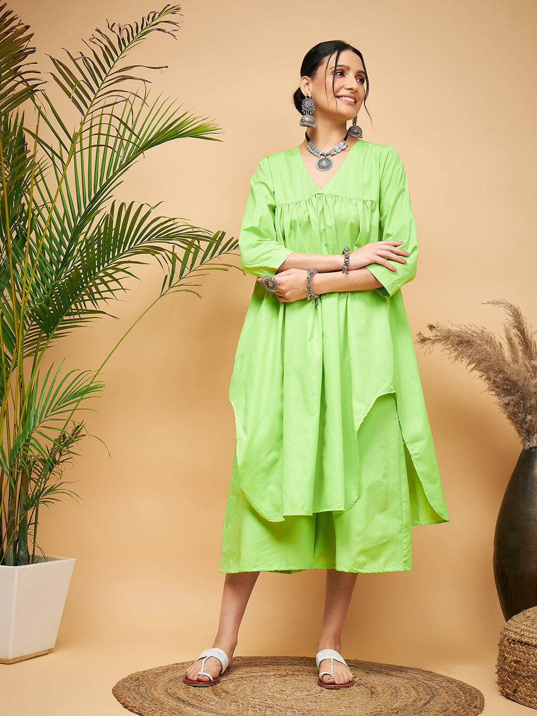 InWeave Women's Lime Green Flared Kurta Palazzo Set 