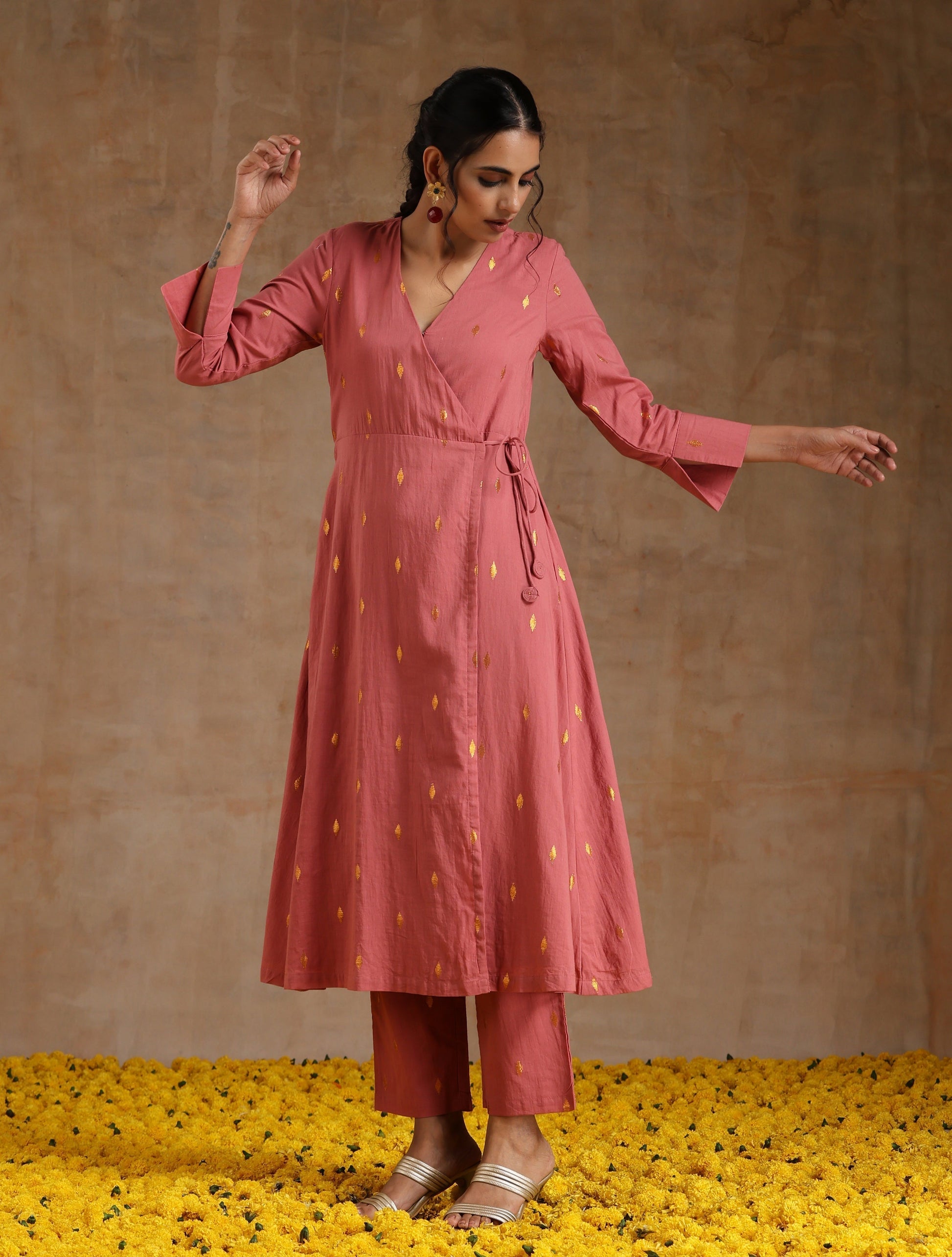 trueBrowns Blush Gold Cotton Angrakha Kurta Set 