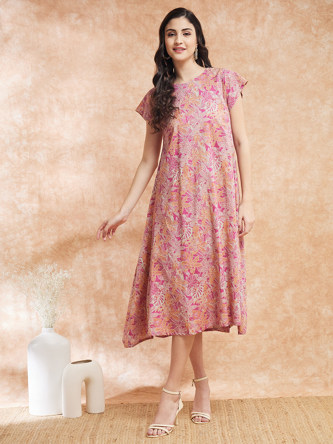 InWeave Women's Pink Coral Floral Print A Line Dress 