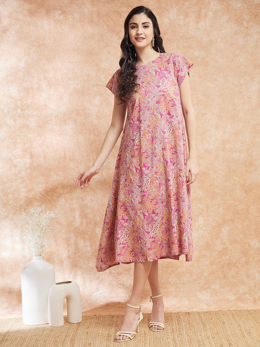 InWeave Women's Pink Coral Floral Print A Line Dress 