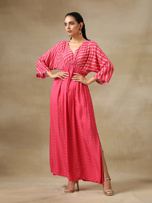 trueBrowns Pink Bandhani Printed Silk Drop Shoulder Dress 
