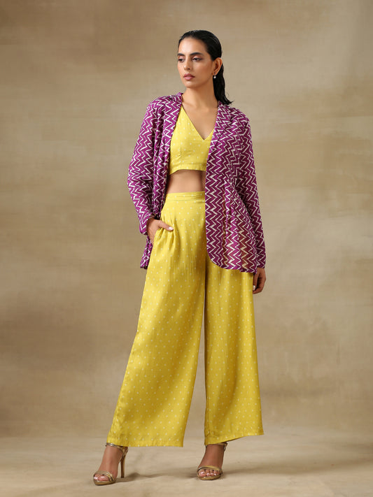 trueBrowns Lime Green Bandhani Printed Silk Top Pant with Purple Printed Jacket Set 
