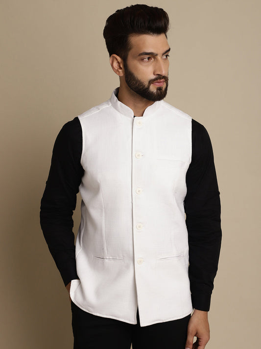 Even Apparels Men's White Mandarin Collar Waistcoat - Grab2buy