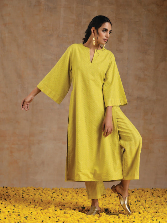 trueBrowns Lime Gold Cotton Relax High Slit Kurta Set 