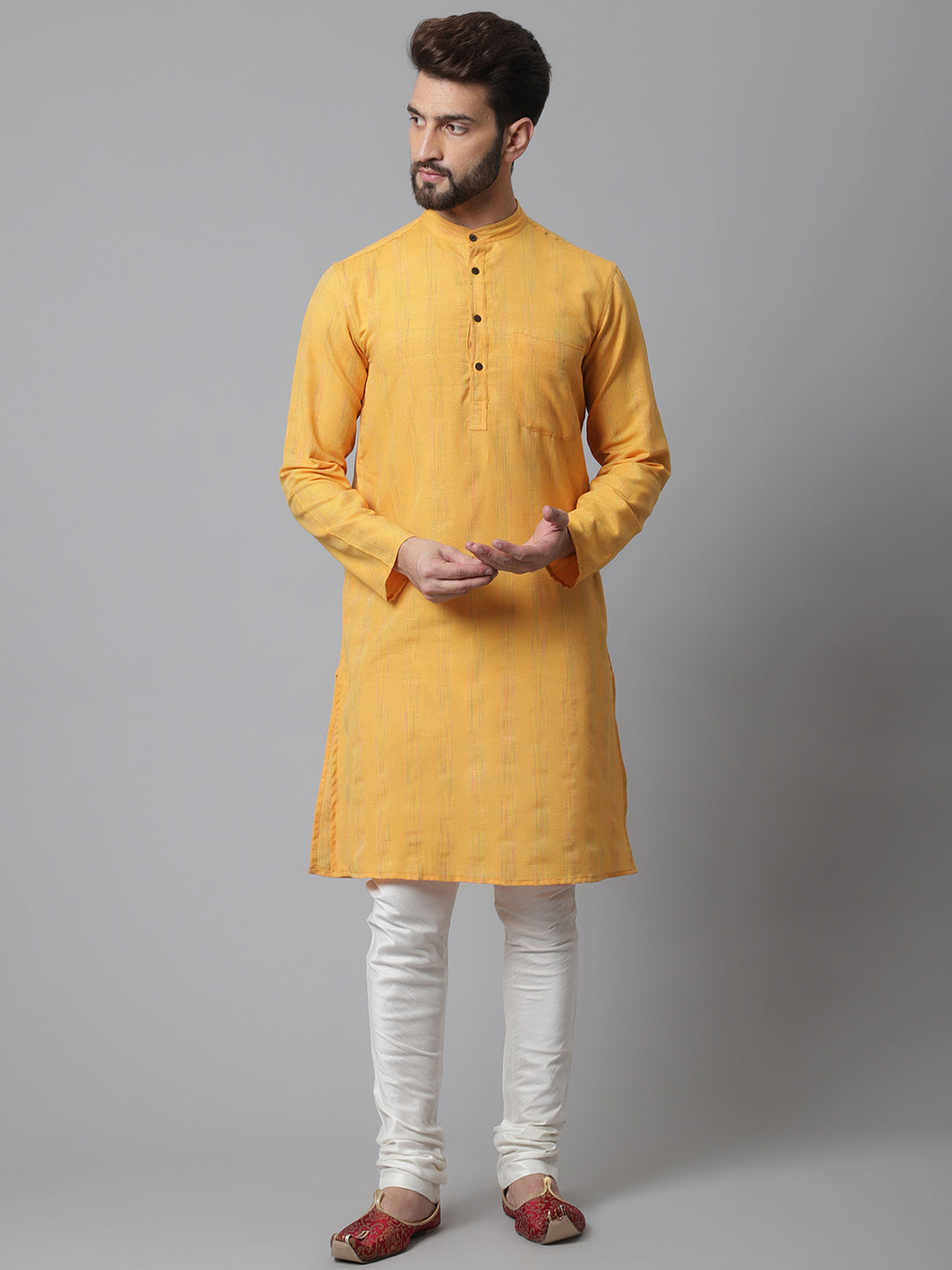 Even Apparels Yellow Kurta With Band Collar 