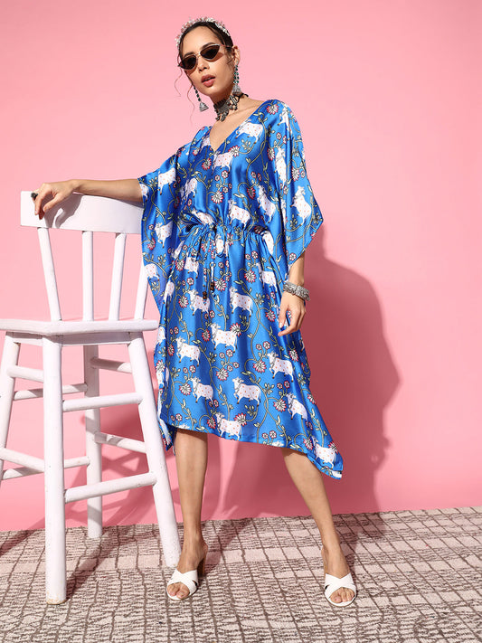 InWeave Women's Ink Blue Indian Bull Print Kaftan 