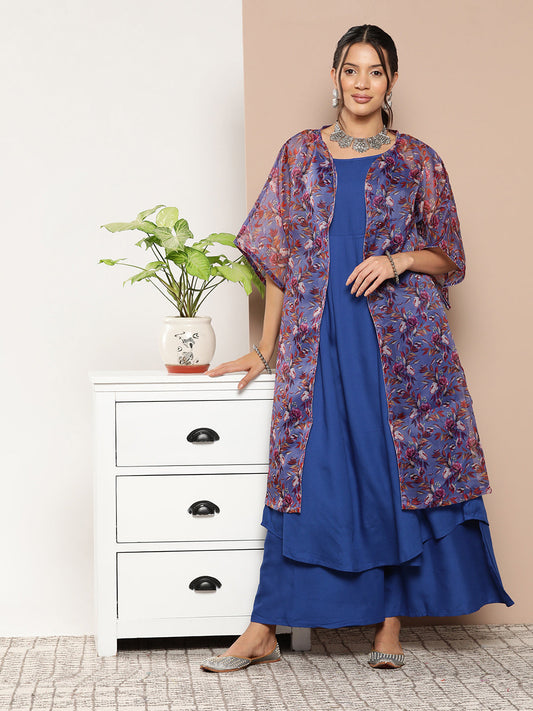 InWeave Ink Blue Strappy Set With Mauve Print Floral Cape 