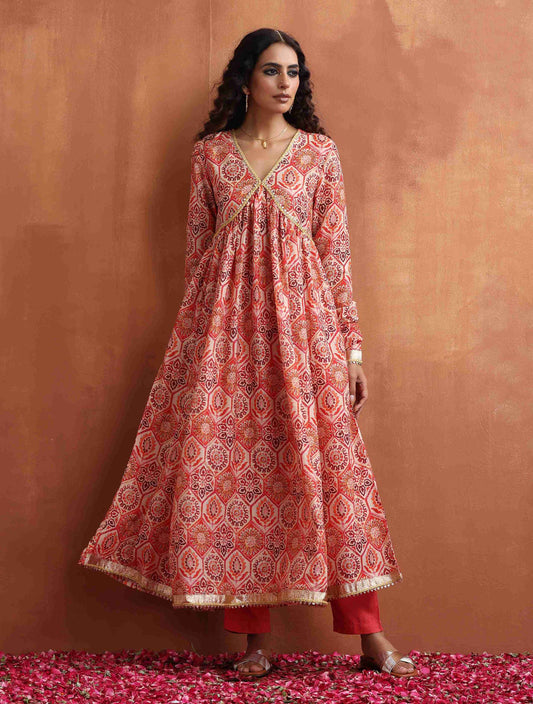 trueBrowns Beige Print Flared Anarkali Kurta Set 