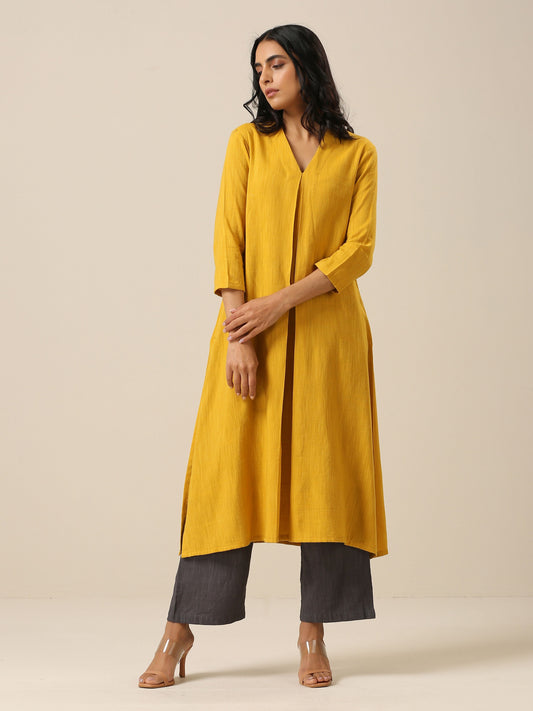 trueBrowns Mustard Yellow Slub Texture Neck Pleat Kurta Pant Set 