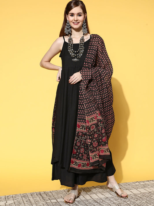 InWeave Women's Strappy Set With Black Pink Ethnic Print Cotton Dupatta 