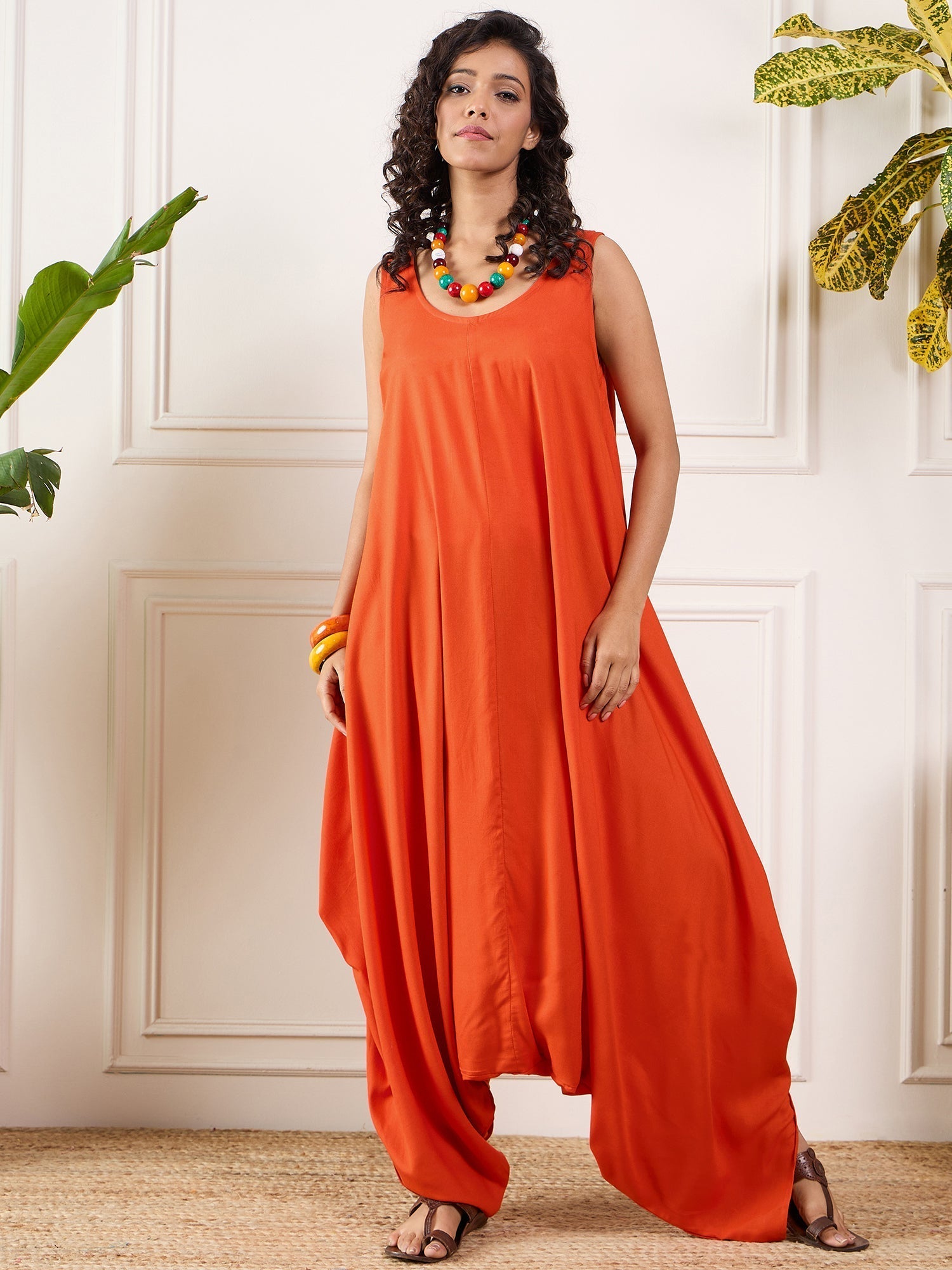 InWeave Orange Round Sleeveless Jumpsuit 
