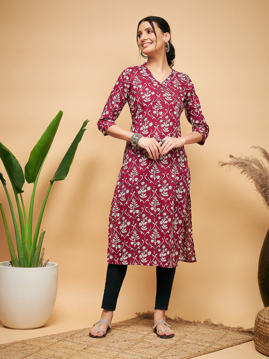 InWeave Women's Wine Floral Print Straight Angrakha Gota Kurta 