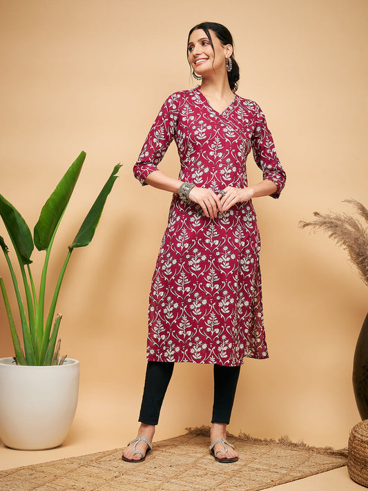 InWeave Women's Wine Floral Print Straight Angrakha Gota Kurta 