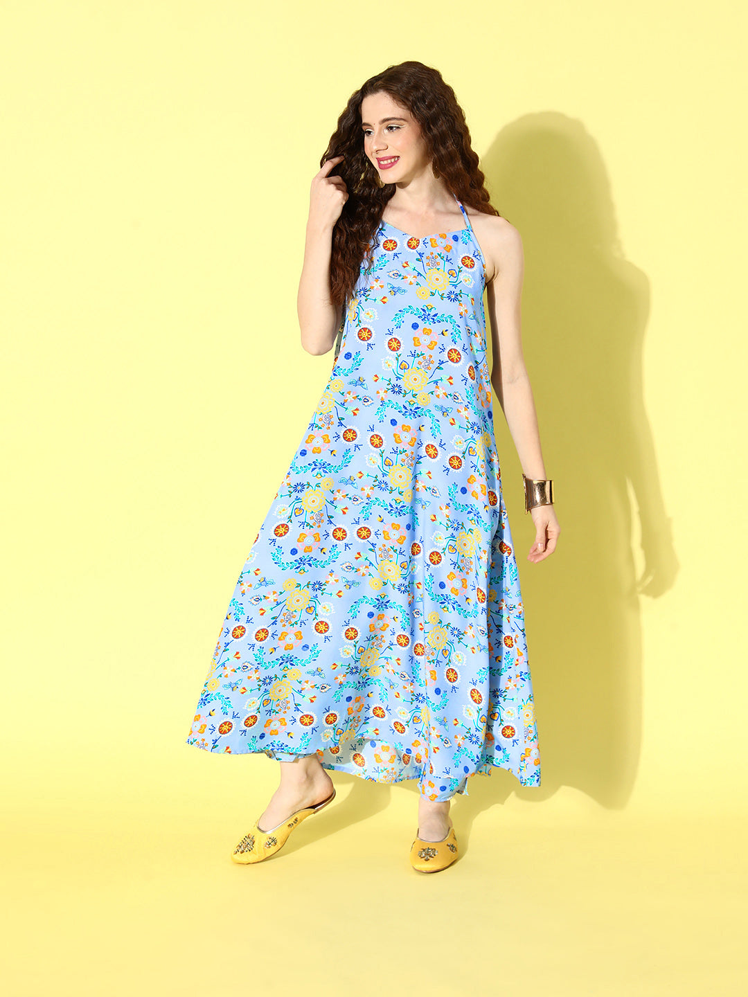 InWeave Women's Sky Blue Print Backless Long Kurta Pant Set 