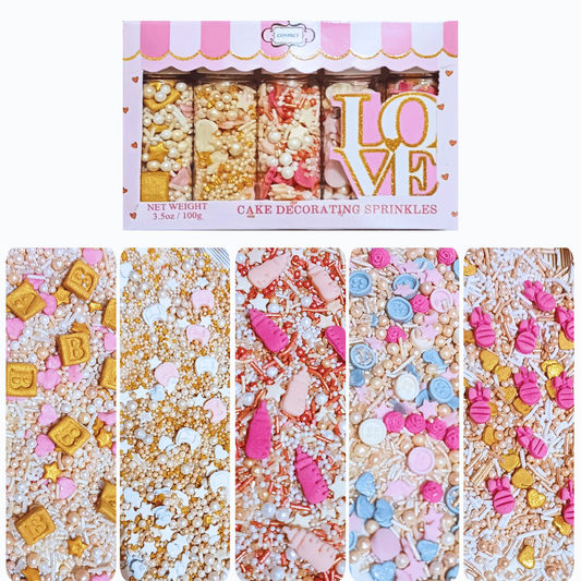 Confect Girls Baby Shower Sprinkles | Mix Heart, Teddy, Baby Feed Bottle & Baby Feet Sprinkles