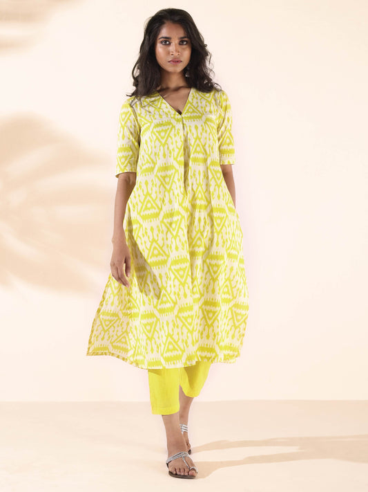 trueBrowns Lime Cotton Ikat Kurta Pant Set 