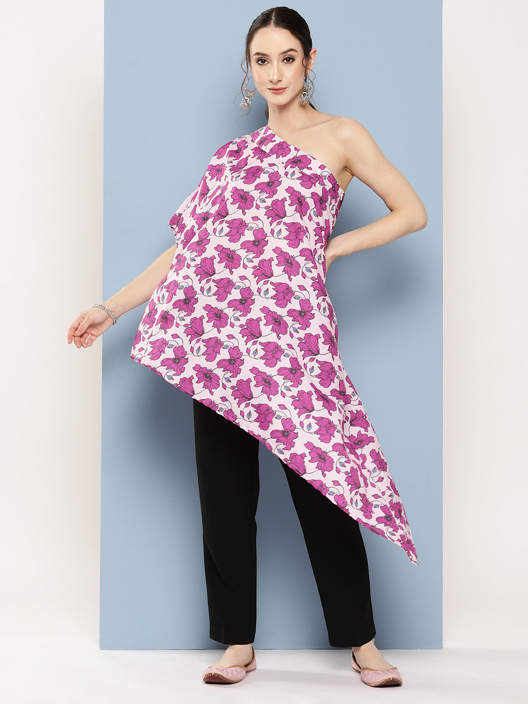 InWeave Women's Pink Fuchsia Japanese Art Oneshoulder Top 