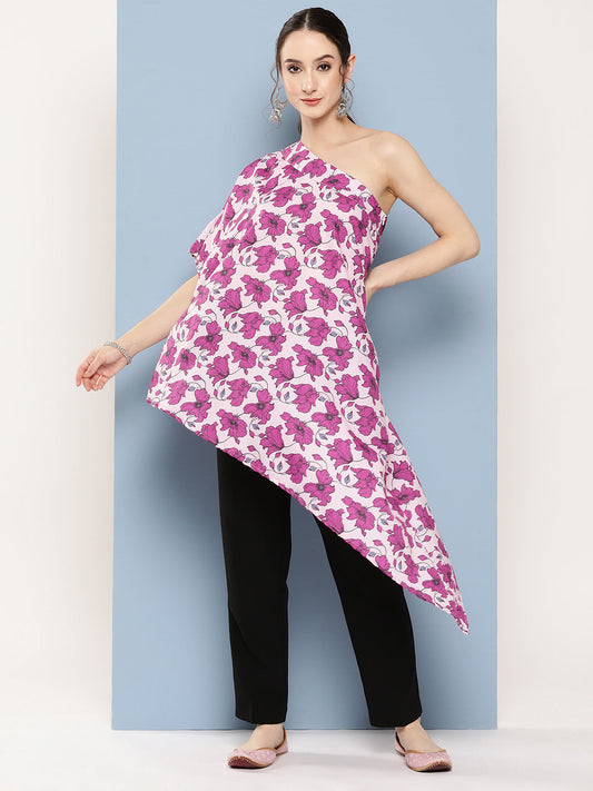 InWeave Women's Pink Fuchsia Japanese Art Oneshoulder Top 