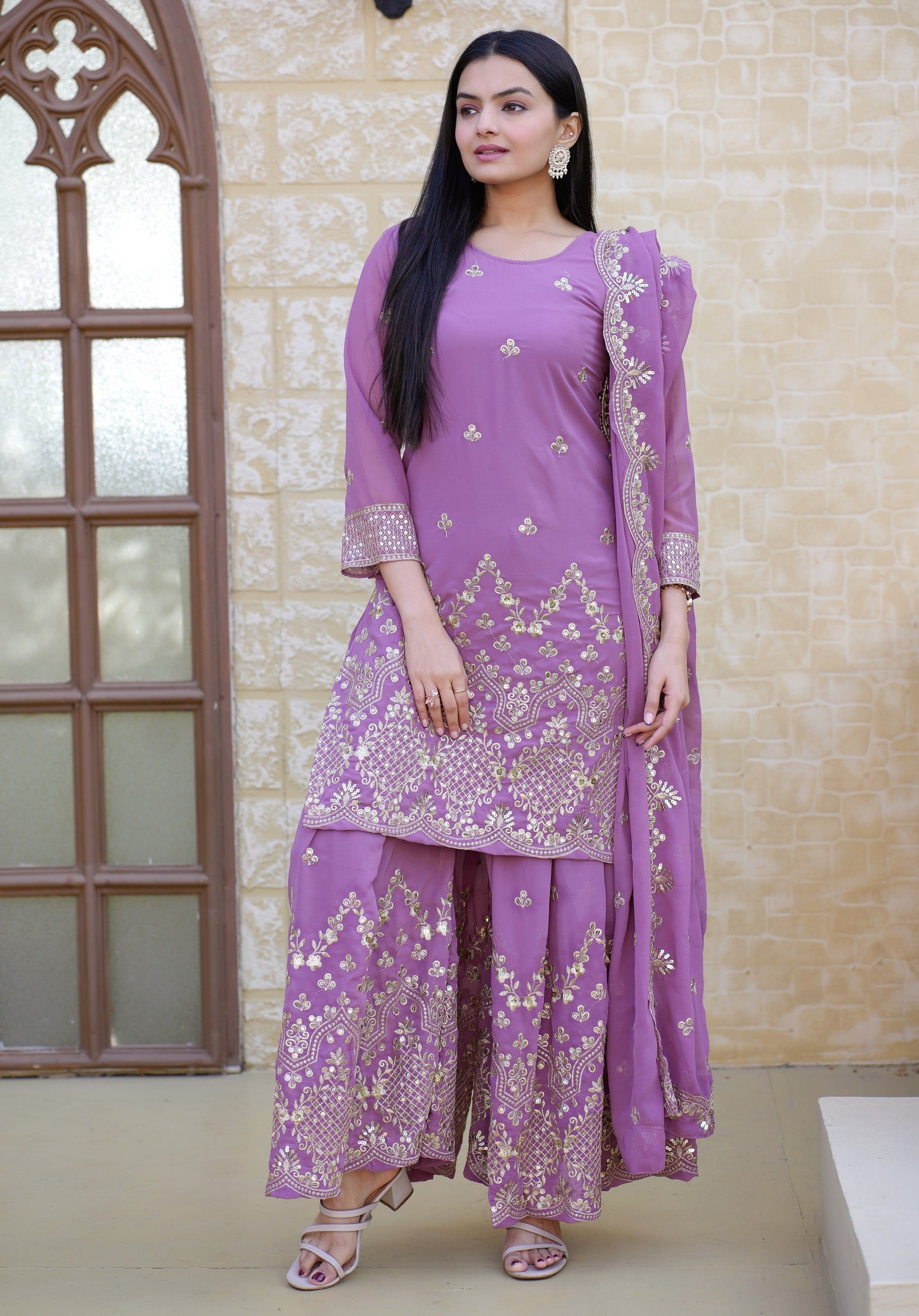 Teeya Creation Lavendar Color Georgette Heavy Embroidery Work Fully Stitched Sharara Suit Set