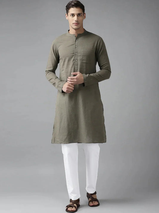 Fabmade Men Khaki Cotton Linen Kurta Pyjama