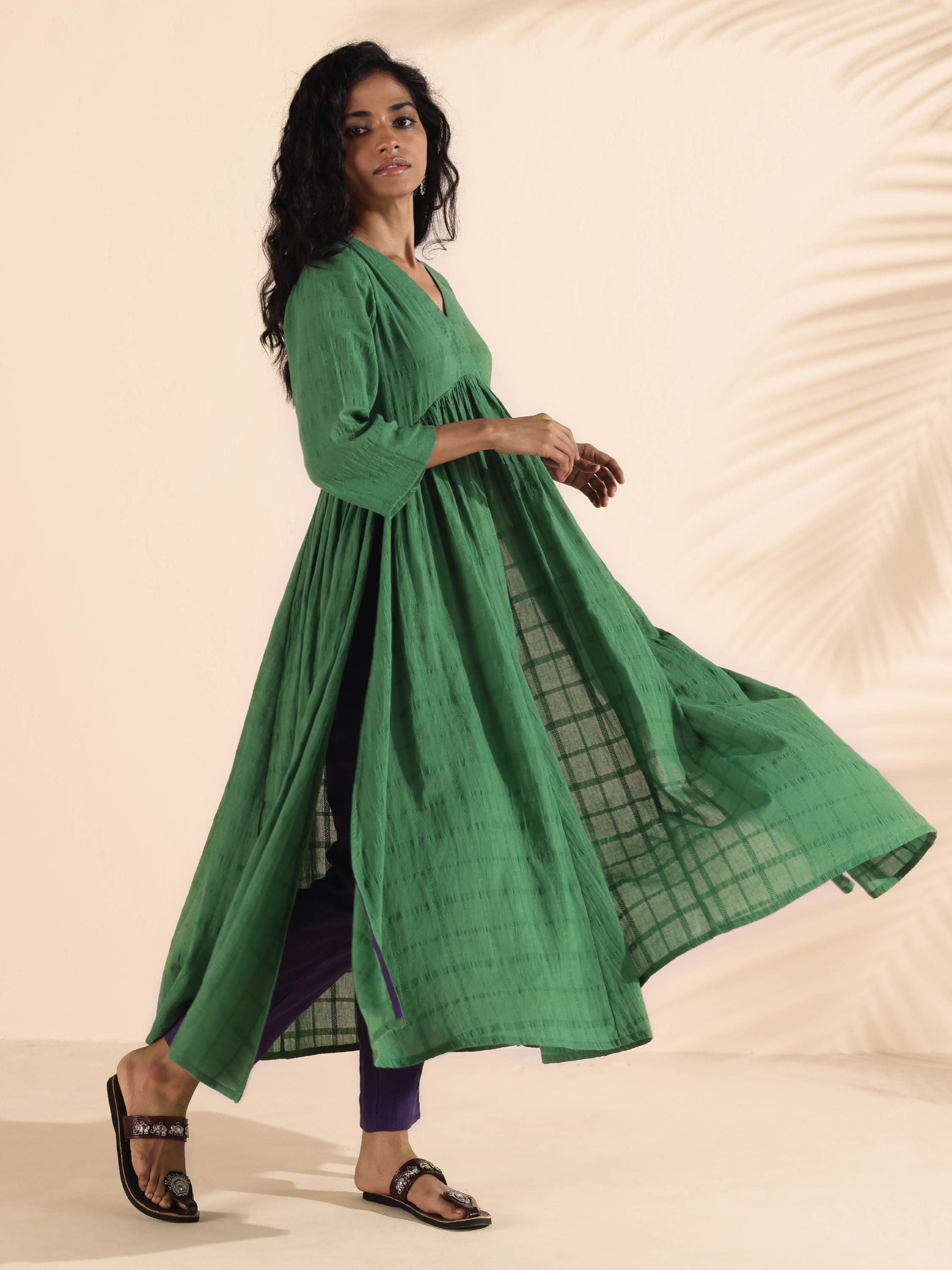 trueBrowns Green Cotton Dobby Flared Kurta Pant Set 