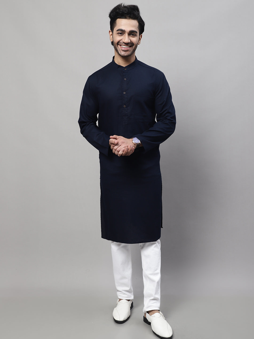 Even Apparels Blue Pure Cotton Kurta With Band Collar 