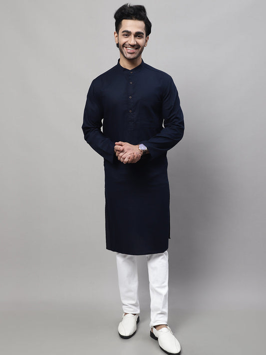 Even Apparels Blue Pure Cotton Kurta With Band Collar 
