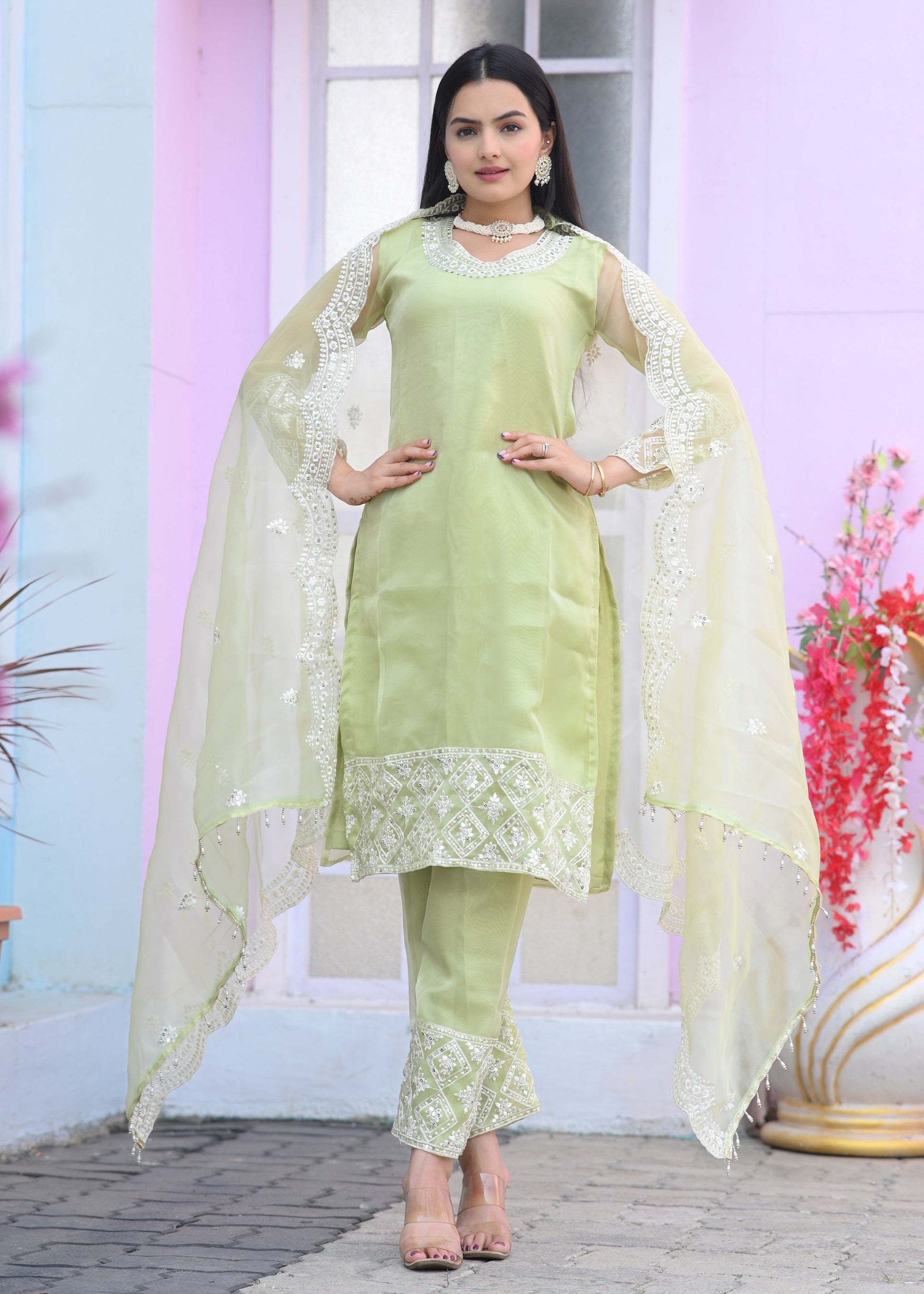 Teeya Creation Pista Color Organza Silk Heavy Embroidery Work Fully Stitched Salwar Suit