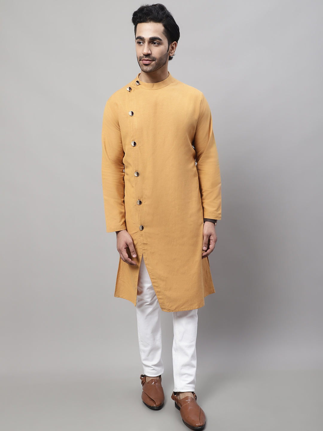 Even Apparels Mustard Sherwani Kurta With Asymetrical Cut 