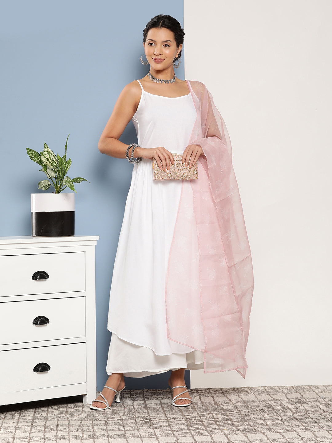 InWeave Women's Cream Strappy With Pink White Chintz Organza Dupatta 