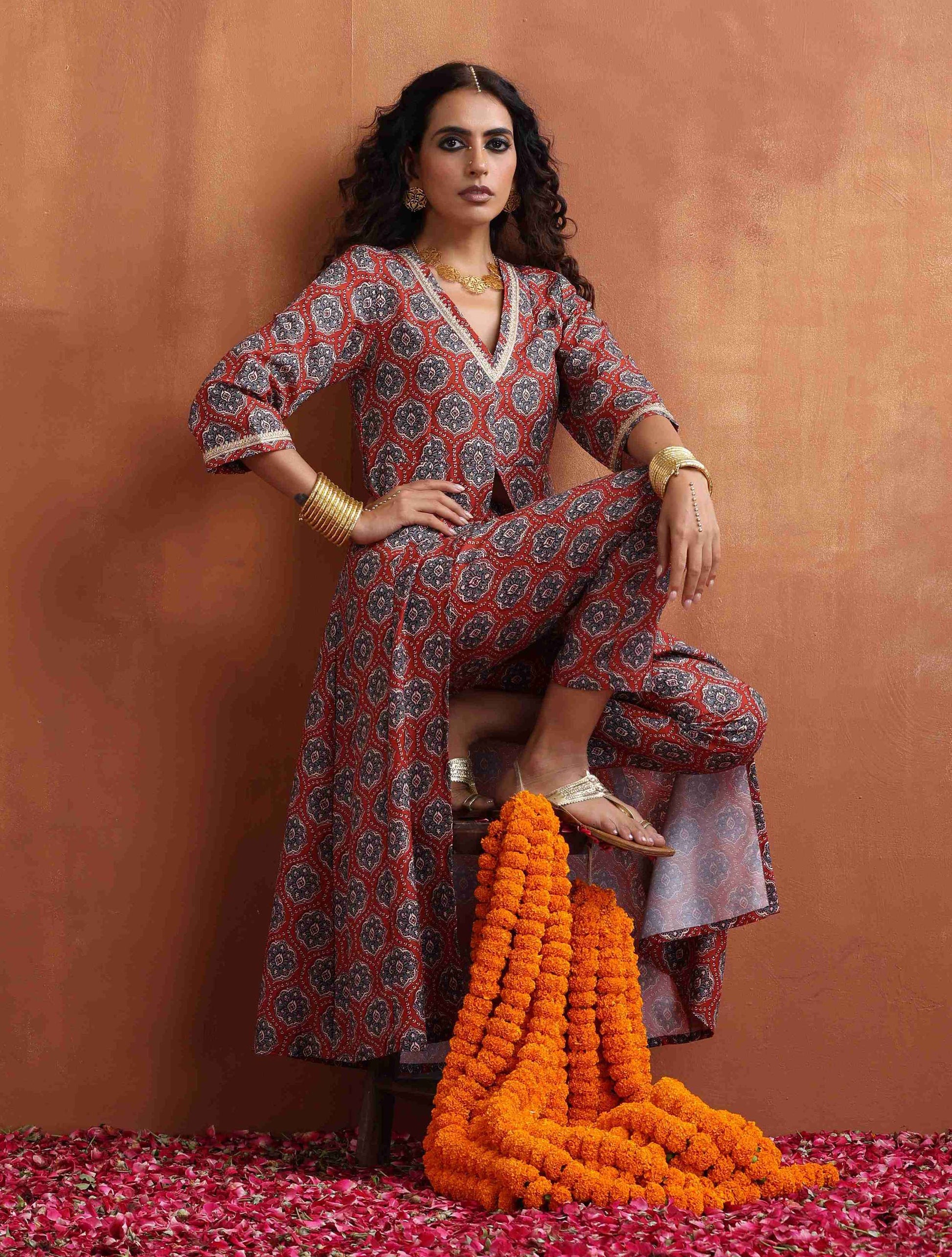 trueBrowns Rust Ajrak Print Slit Kurta Set 