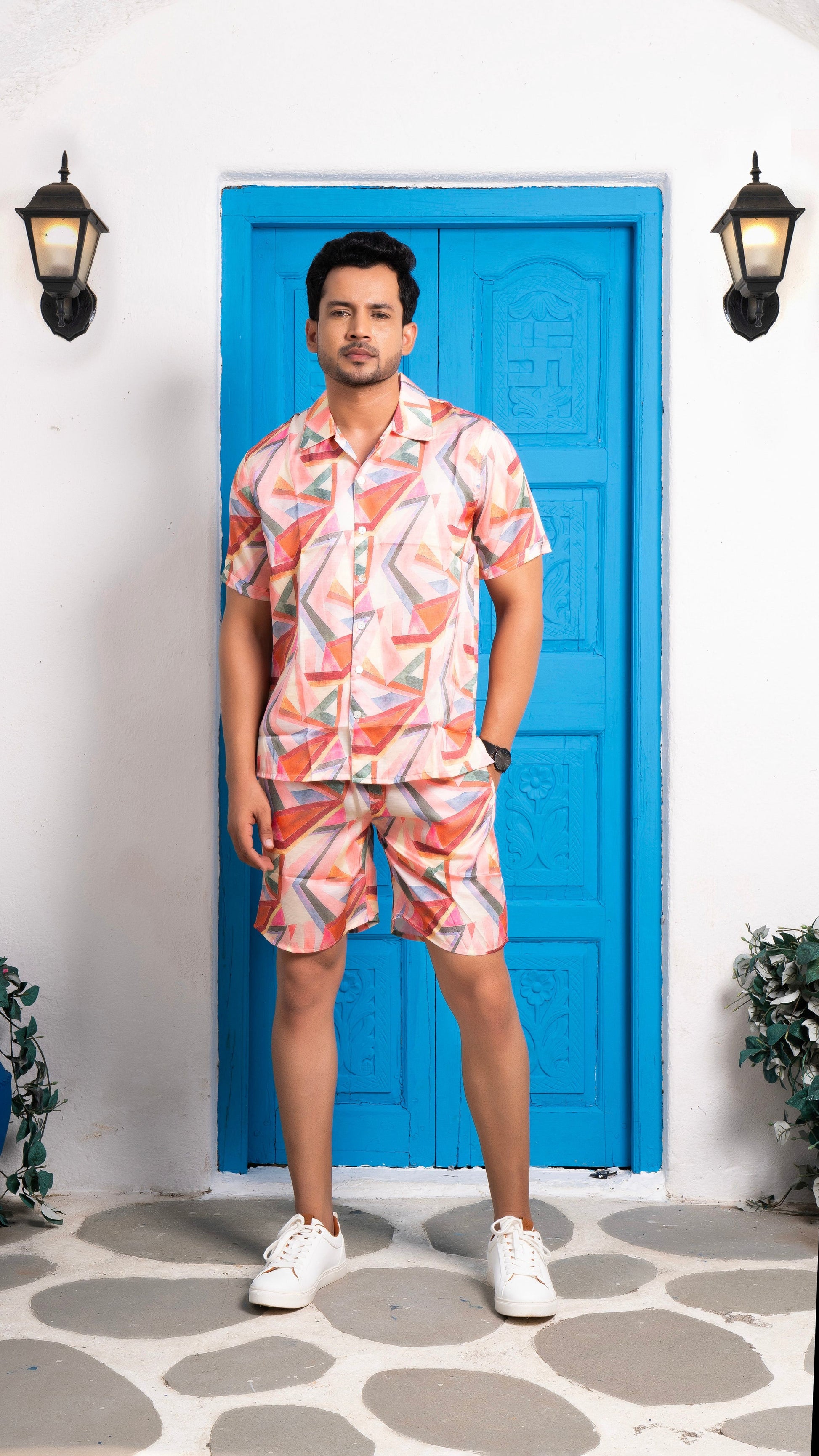 Noroke Sustainable fabric | Linen Satin Linen Geometric Co-ord Set Men 