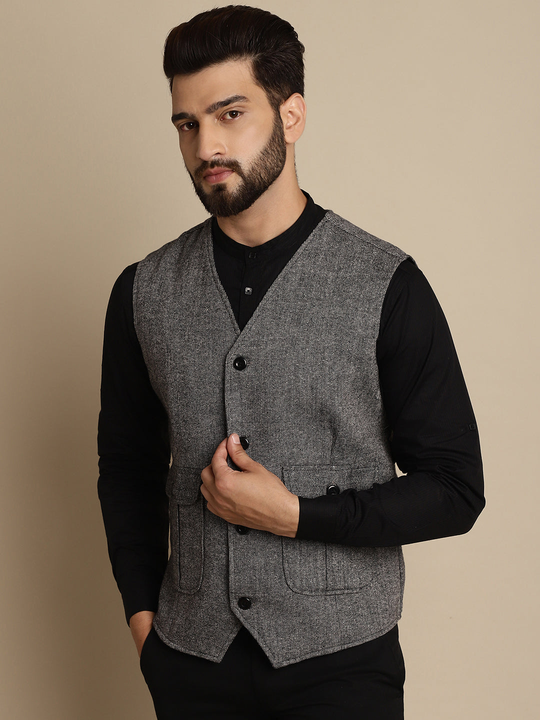 Even Apparels Men's Black Woolen Waistcoat With Patch Pocket - Grab2buy