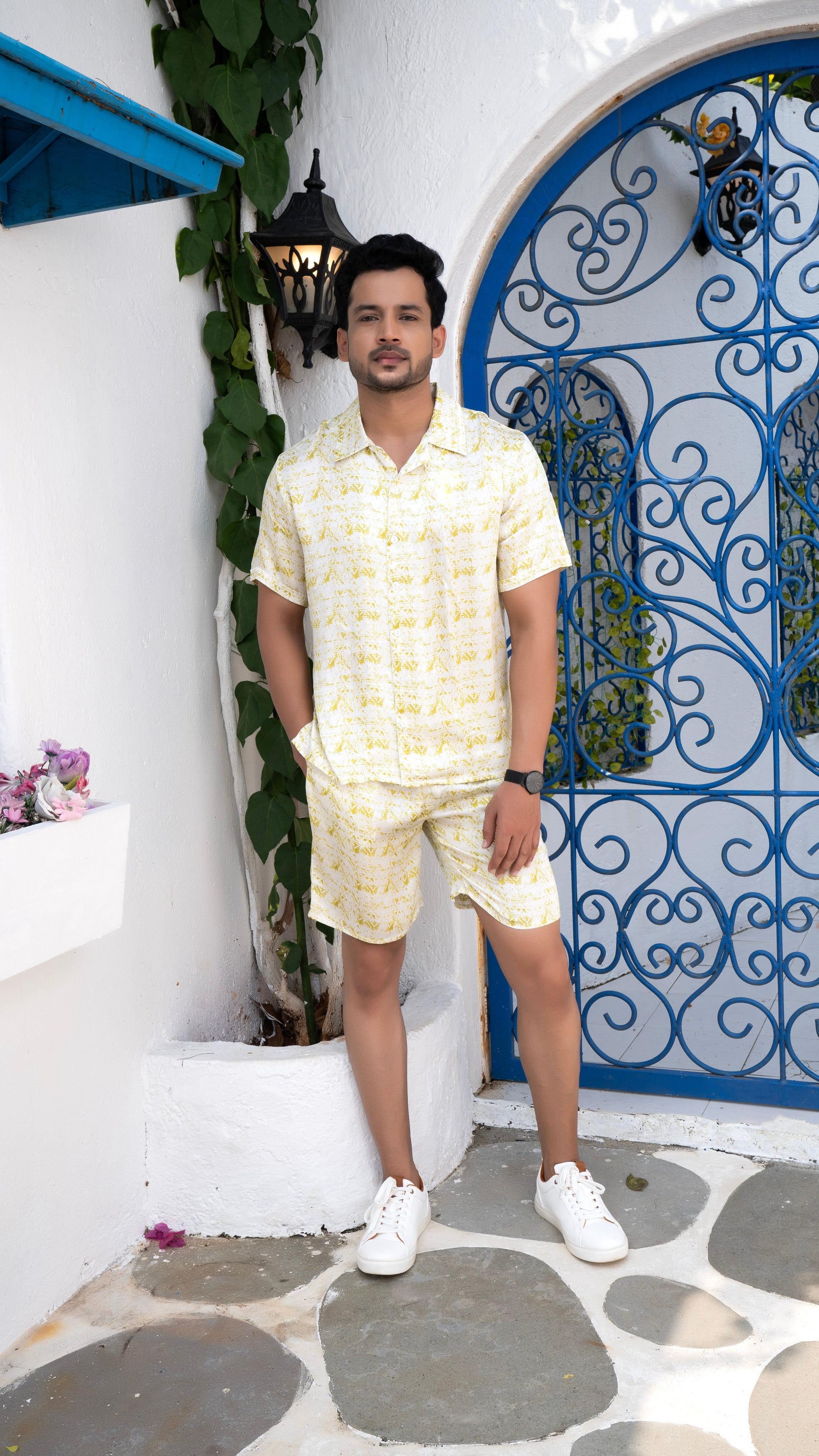 Noroke Cotton Satin White Chartreuse Couple Co-ord Set 
