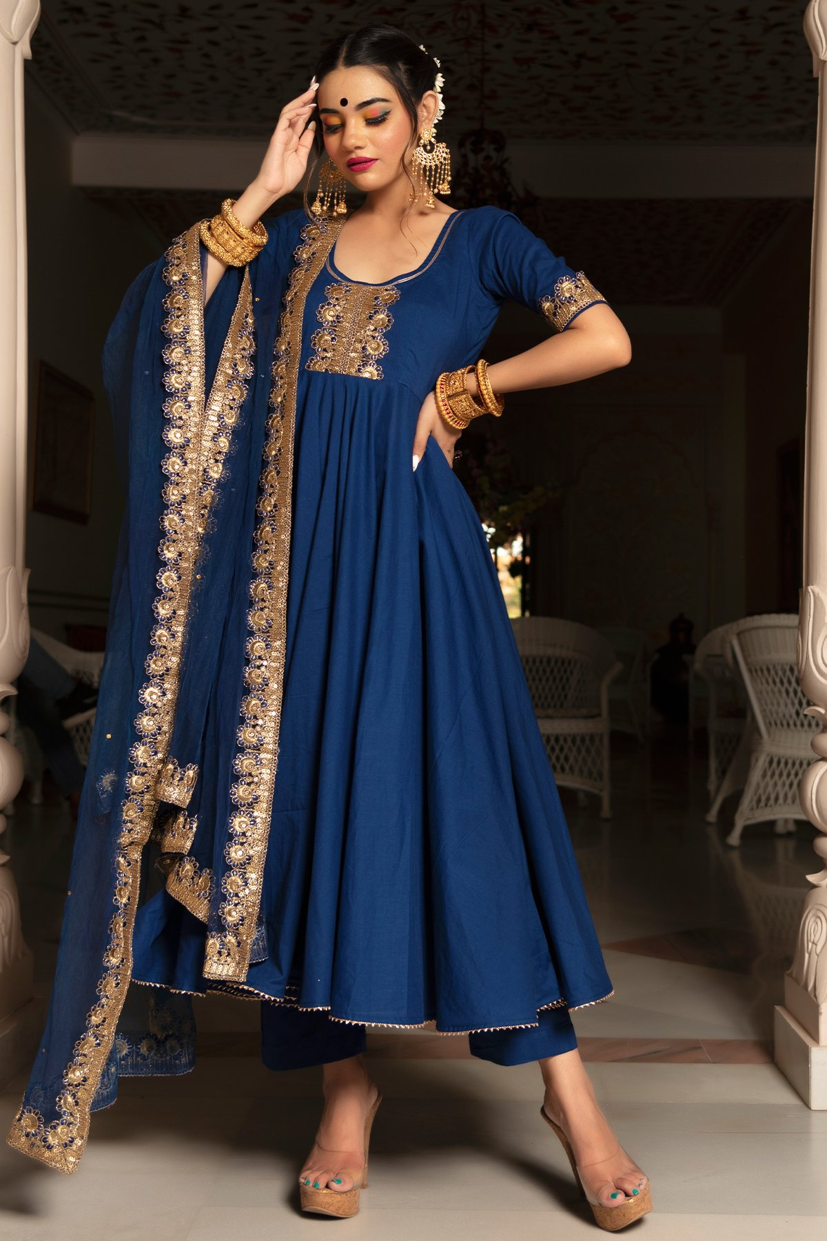 Pomcha Jaipur Minakari Blue Anarkali Set 