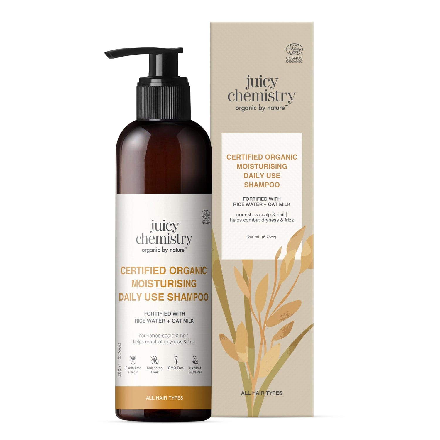 Certified Organic Moisturising Daily Use Shampoo Fortified with Rice Water + Oat Milk 