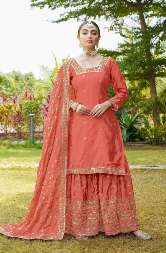 Teeya Creation Orange Color Chinon Silk Heavy Embroidery Work Fully Stitched Salwar Suit